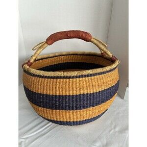 Ghana Extra Large Hand Woven Market Basket Leather Handle Blue & Gold